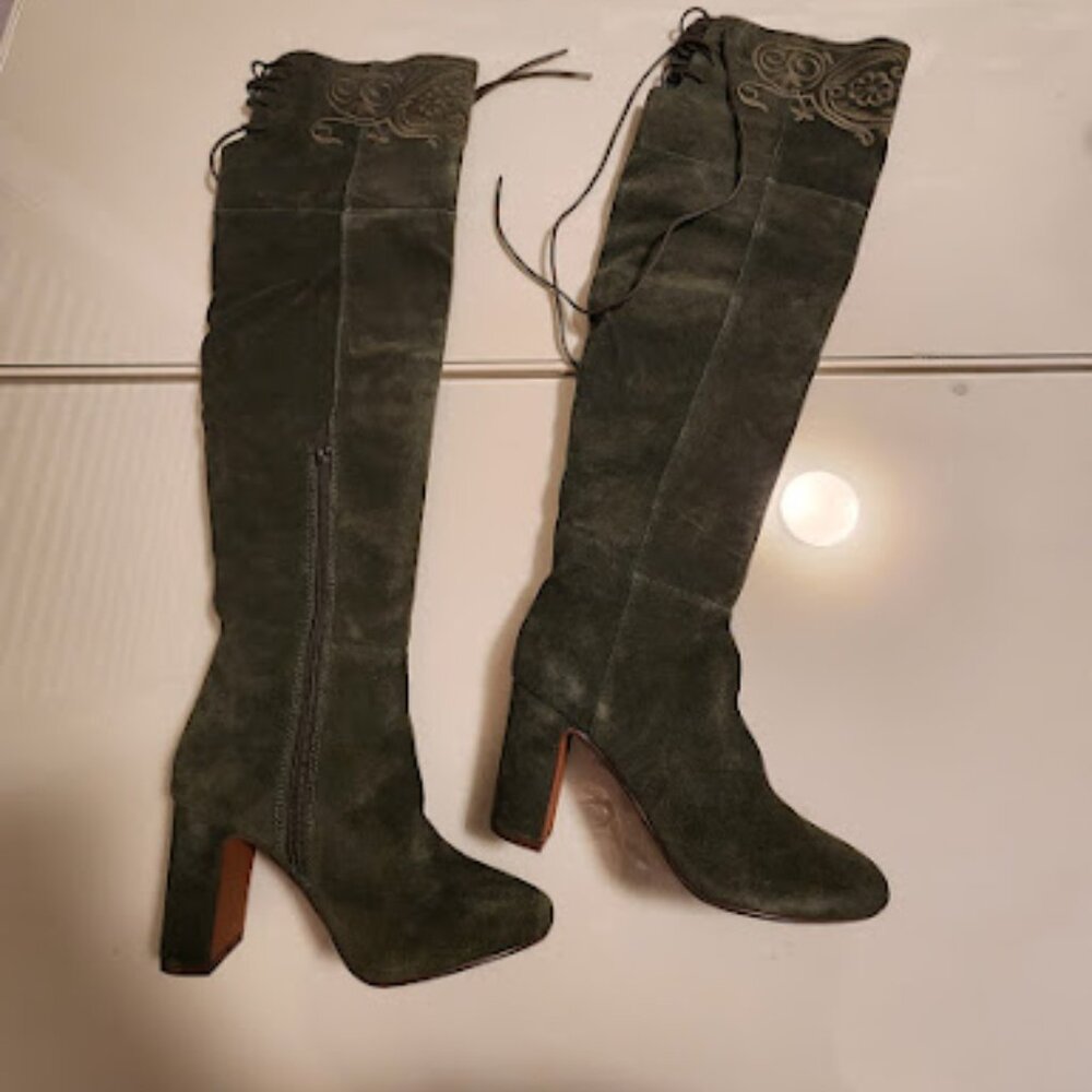 Nanette Lepore Green Suede Embroidered Heeled Boots - Picture 8 of 10